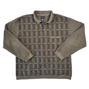Harbor Bay Mens 3XLT Brown Geometric Grid Long Sleeve Polo Grunge Punk Skater